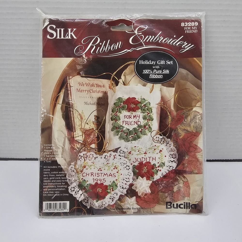 BUCILLA Silk Ribbon Embroidery Kit For My Friend Holiday Gift Set  #83289 Vtg